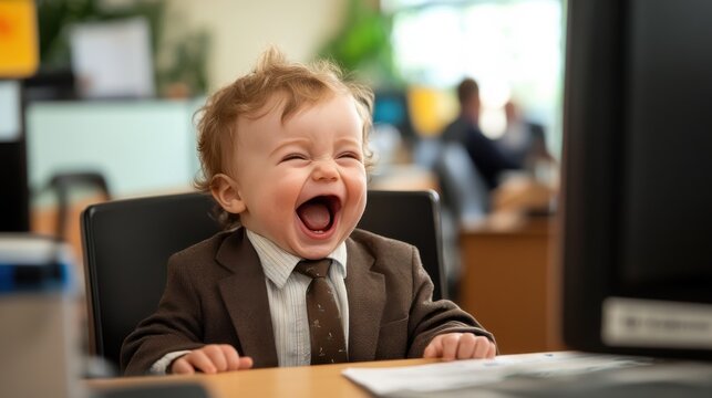 A delighted baby, dressed in an office suit, laughing with joy at a desk in a modern work setting, highlighting the delightful contrast between the worlds of children and adults.