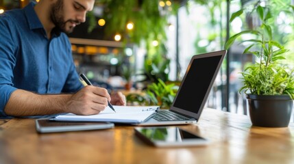 A man in a blue shirt is diligently working on a laptop while writing notes in a notebook, sitting at a wooden table in a cozy café surrounded by greenery.