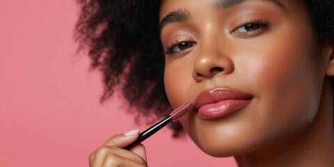 Obraz premium A woman is applying lip gloss, her mouth slightly open as she holds the applicator.