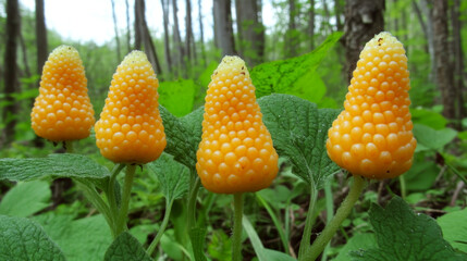 Four orange cone-shaped berries grow in a forest surrounded by green leaves. Concept nature's unique and vibrant growth.