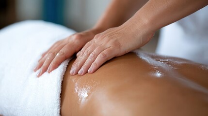 Fototapeta premium A pair of hands is seen providing a soothing back massage using oil in a spa setting, enhancing relaxation and promoting wellness through touch and care.