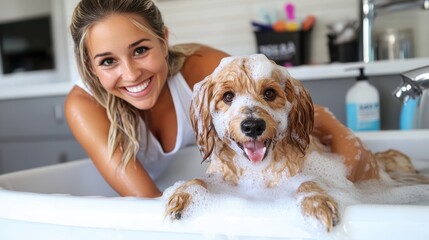 A joyful woman is giving her adorable dog a bath in a tub filled with soap bubbles, capturing a playful and heartwarming moment full of joy and companionship.
