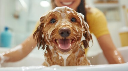 A joyful dog surrounded by frothy bubbles during bath time, with a person happily scrubbing the pet, creating a lively and playful environment.