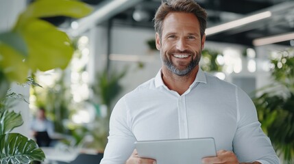 A confident professional in a modern office smiles while holding a tablet, reflecting competence and assurance in a dynamic and vibrant workplace setting.