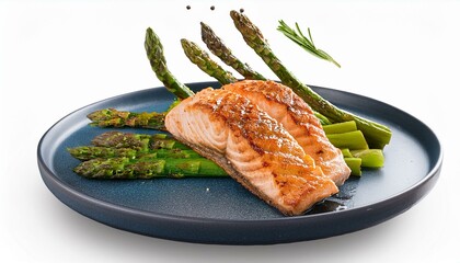 floated grilled salmon and asparagus falling into a plate isolate on White background PNG