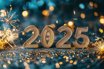 Sparkling new year celebration with golden 2025 numbers amidst bright festive lights and sparklers Generative AI