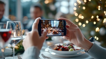 A person uses a smartphone to capture a cozy dinner setting surrounded by twinkling Christmas lights, a richly set table, and friends enjoying a festive holiday meal.