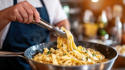 A chef skillfully tosses freshly cooked creamy pasta using a pair of tongs in a bustling kitchen environment, showcasing culinary expertise and passion for cooking.