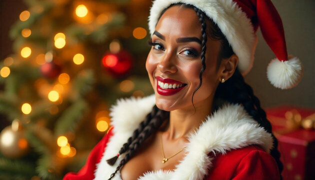 Close up de uma mulher sexy vestindo uma roupa de Papai Noel reveladora para o Natal