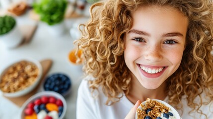 Naklejka premium A smiling young girl with curly hair holds a bowl of cereal garnished with blueberries, surrounded by fresh ingredients on a bright kitchen table, radiating joy and health.