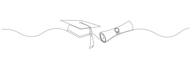 Continuous single line drawing graduation cap and diploma rolled up with award badge .Concept of achievement in education. Vector Illustration.