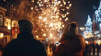 Fototapeta premium Adults watching New Year’s display in a town square cheering during midnight 