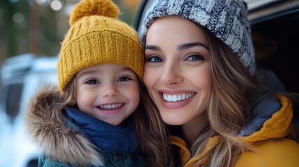 Mother and daughter beam widely while wrapped in yellow and blue warm attire, radiating happiness, as they spend quality time in an outdoor setting by a van.