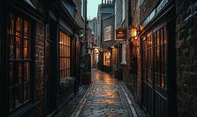 A narrow alleyway in an old European city at dusk, with warm lights shining from the windows