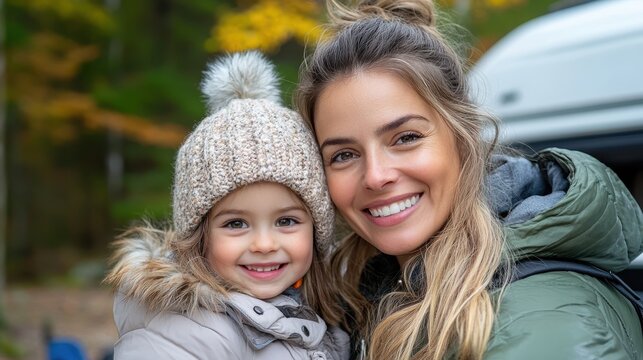 A warmly dressed mother and child clad in knit beanies and jackets stand close, smiling largely into the camera against the rich brown and gold of the forest background.