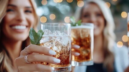 Two women sharing joyful moments, holding refreshing cocktail glasses with mint garnish, capturing the essence of friendship and happiness at a social event.