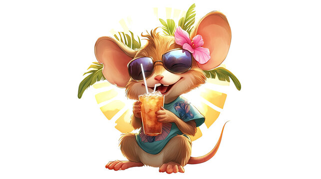 Cool Mouse in Hawaiian Shirt Enjoying a Tropical Drink Generative AI