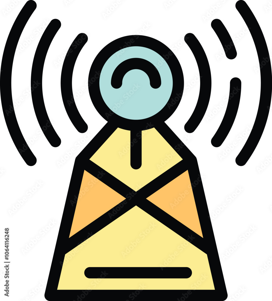 Poster stylized radio tower sending out radio waves, representing communication, broadcasting, and network 