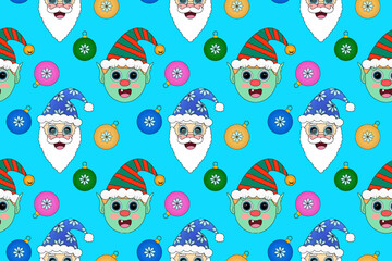 A vibrant seamless pattern featuring Santa, cheerful elves, and colorful Christmas ornaments. Perfect for holiday decor, wrapping paper, and festive designs.