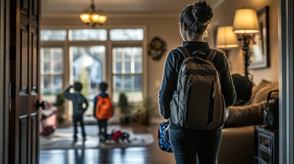 Fototapeta premium Mother coming home to children after work, entering living room with backpack