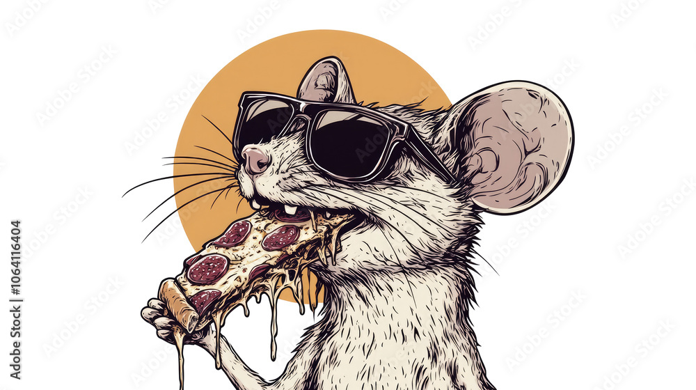 Poster stylish mouse enjoys a slice of pizza in a fun advertisement generative ai