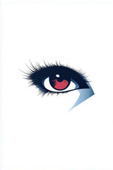 A close-up of a human eye with a blue iris and a red pupil