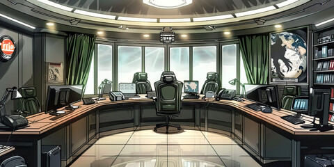 A powerful corporate office with a strong presence, characterized by green accents and opulent design, surrounding a commanding workstation.