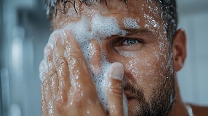 Close-up of a man's face covered in soap suds during a refreshing shower, capturing the intimate and revitalizing moments of personal grooming and hygiene.