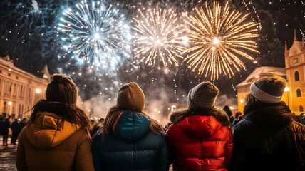 Group of friends watching fireworks in a town square amazed during midnight 