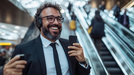 Naklejka premium A joyful man, dressed in a suit, listens to music through headphones and uses his smartphone while ascending an escalator in a busy transport hub.