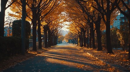 Fototapeta premium A street with numerous trees and yellow leaves on them, as well as a road lined with yellow leaves from the trees