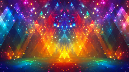 A vibrant display of colorful lights illuminating a geometric stage, creating a mystical atmosphere for performance or event. Mystical. Illustration