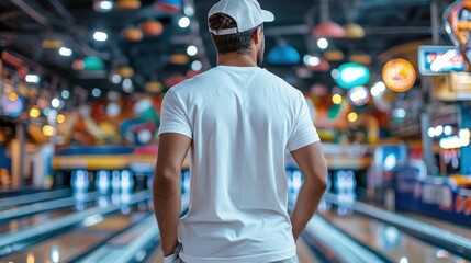 Fototapeta premium A man in a white shirt and cap stands at a colorful bowling alley, focused and ready to play with bright lights and colorful decor setting the scene.