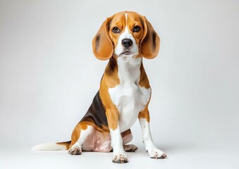 Beagle dog sitting calmly against a clean white background