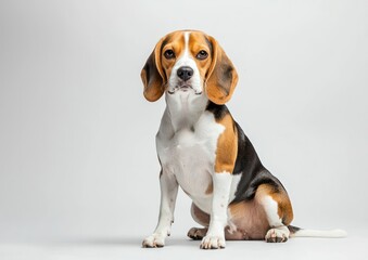Beagle dog sitting calmly against a clean white background