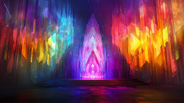 A vibrant display of colorful lights illuminating a geometric stage, creating a mystical atmosphere for performance or event. Mystical. Illustration