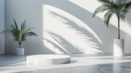 Geometric platform, minimalist white space, cylinder podium, palm leaf shadows, modern display