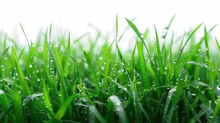 Obraz premium Green grassland, isolated on white, with dew drops on the blades. A fresh and calming nature scene