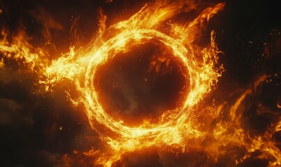 A ring of fire with dynamic flames dancing around, creating a powerful and intense visual effect, set against a dark background