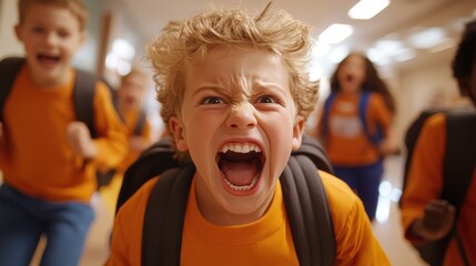 A young child with curly hair and a backpack is seen shouting with excitement in a crowded school hallway, surrounded by other children, capturing school life vitality.