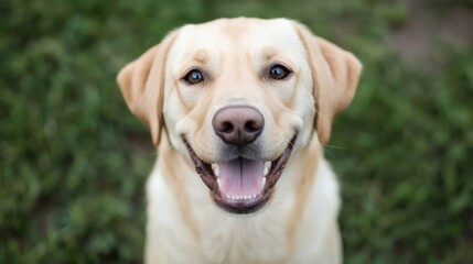 Blonde Labrador retriever smiling directly at the camera
