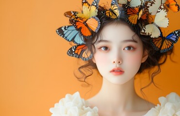 Beautiful Japanese Girl in White Dress with Butterfly Accessories