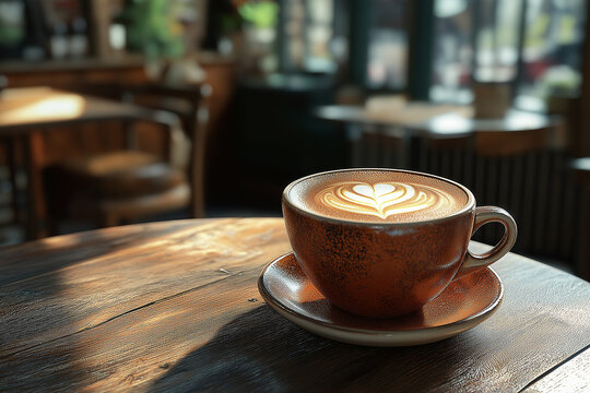 A warm cup of coffee rests on a rustic table, inviting moments of relaxation in a sunlit cafe ambiance