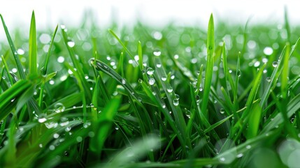 Obraz premium Green grassland, isolated on white, with dew drops on the blades. A fresh and calming nature scene