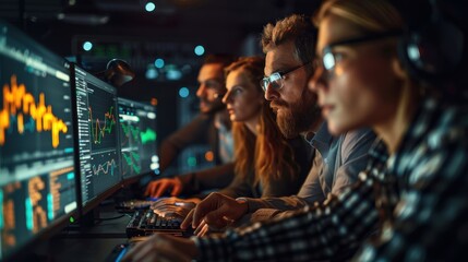 Obraz premium Group of data analysts examining a dataset, with graphs and charts on monitors