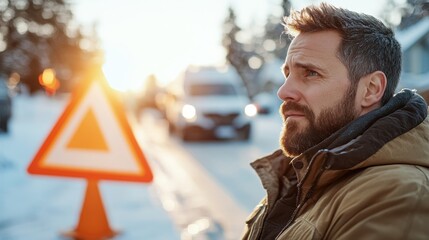 A pensive man in a tan jacket stands beside a warning triangle placed on a snowy roadside, embodying reflection and awareness during winter travel circumstances.