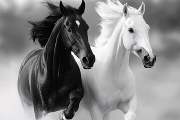 Dynamic Black and White Horses Running Together in Stunning Monochrome Photography