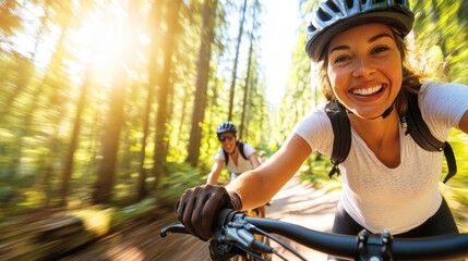 Obraz premium Two excited cyclists race through a sun-dappled forest track, their enthusiasm evident as they enjoy the thrill of the ride surrounded by vibrant green foliage.