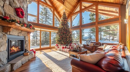 A large living room with high ceilings, featuring a stone fireplace and a Christmas tree surrounded by wrapped gifts on the floor in front of it
