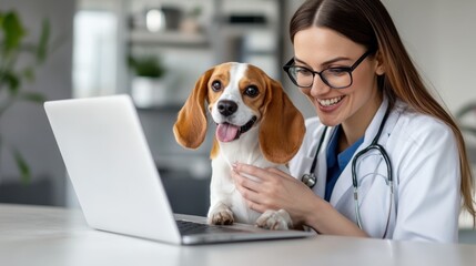 A veterinarian wearing a stethoscope is conducting an online consultation while holding a happy dog sitting in front of a laptop, emphasizing pet care and technology.